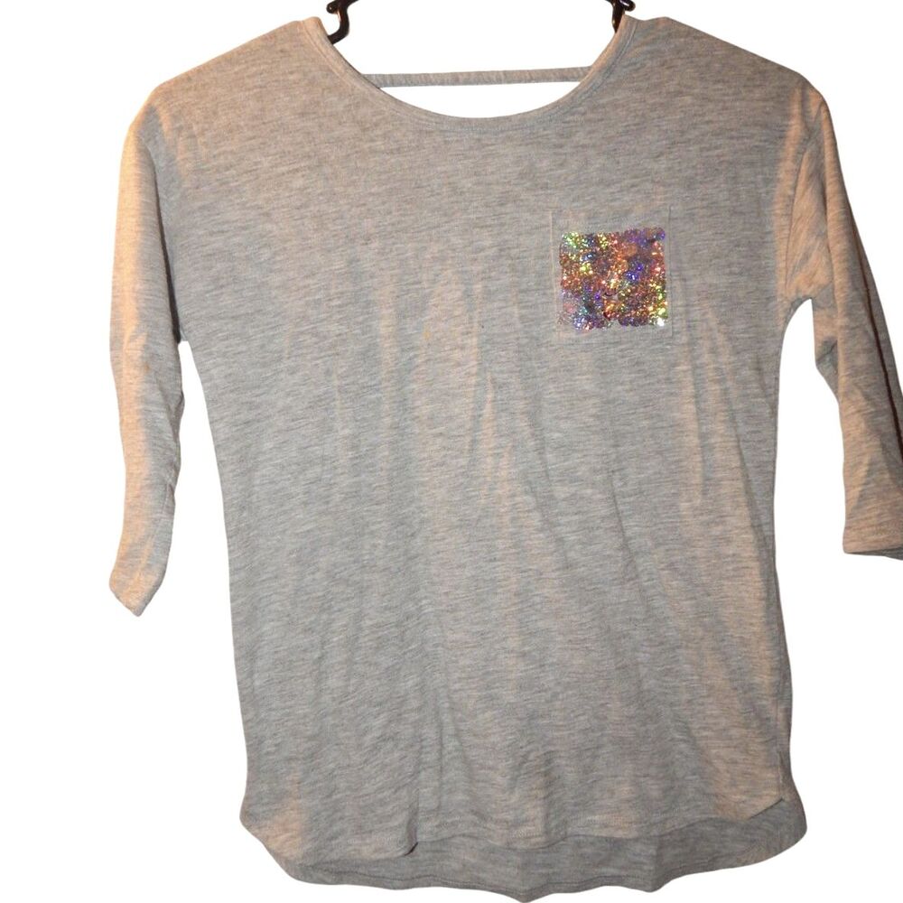 Justice Girls Size 8 Gray Hi‑Low Top Reversible Sequin Pocket 3/4 Sleeve